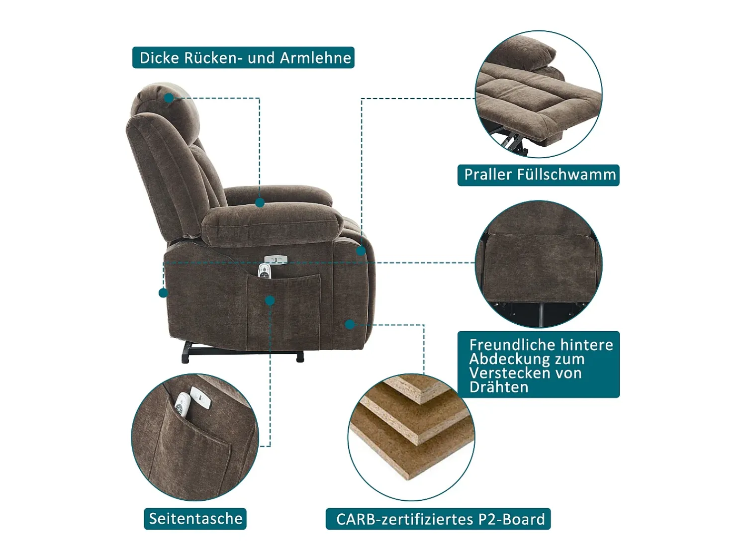 Merax Poltrona de massagem elétrica - 95 x 94 x 107 cm - com massagem de 8 pontos + função de aquecimento e elevação - tecido - marrom Castanho