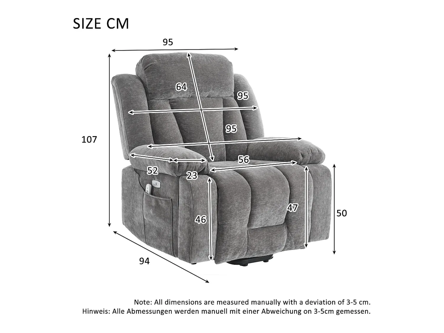 Poltrona*Merax Poltrona de massagem elétrica - 95 x 94 x 107 cm - com massagem de 8 pontos + função de aquecimento e elevação - tecido - cinza Cinzento