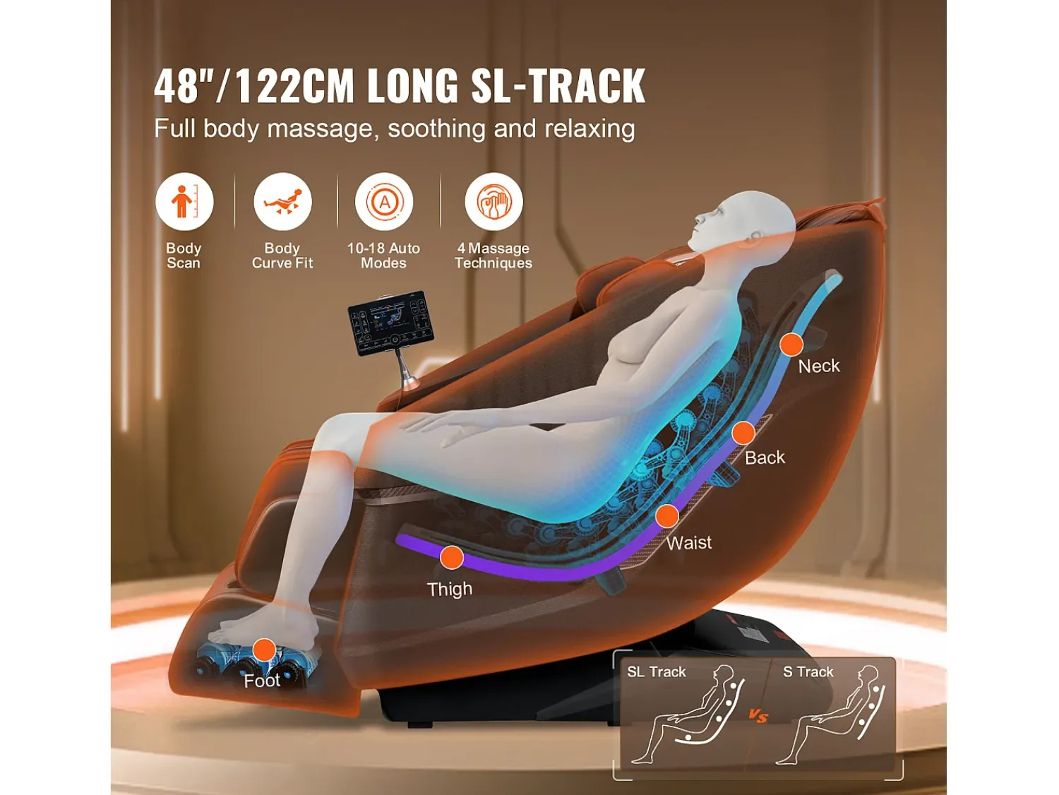 Poltrona* Poltrona de Massagem SucceBuy 3D Shiatsu SL Rail Zero Gravity, 10-18 Modos, Aquecimento, Alto-falante Bluetooth, 160 kg Castanho