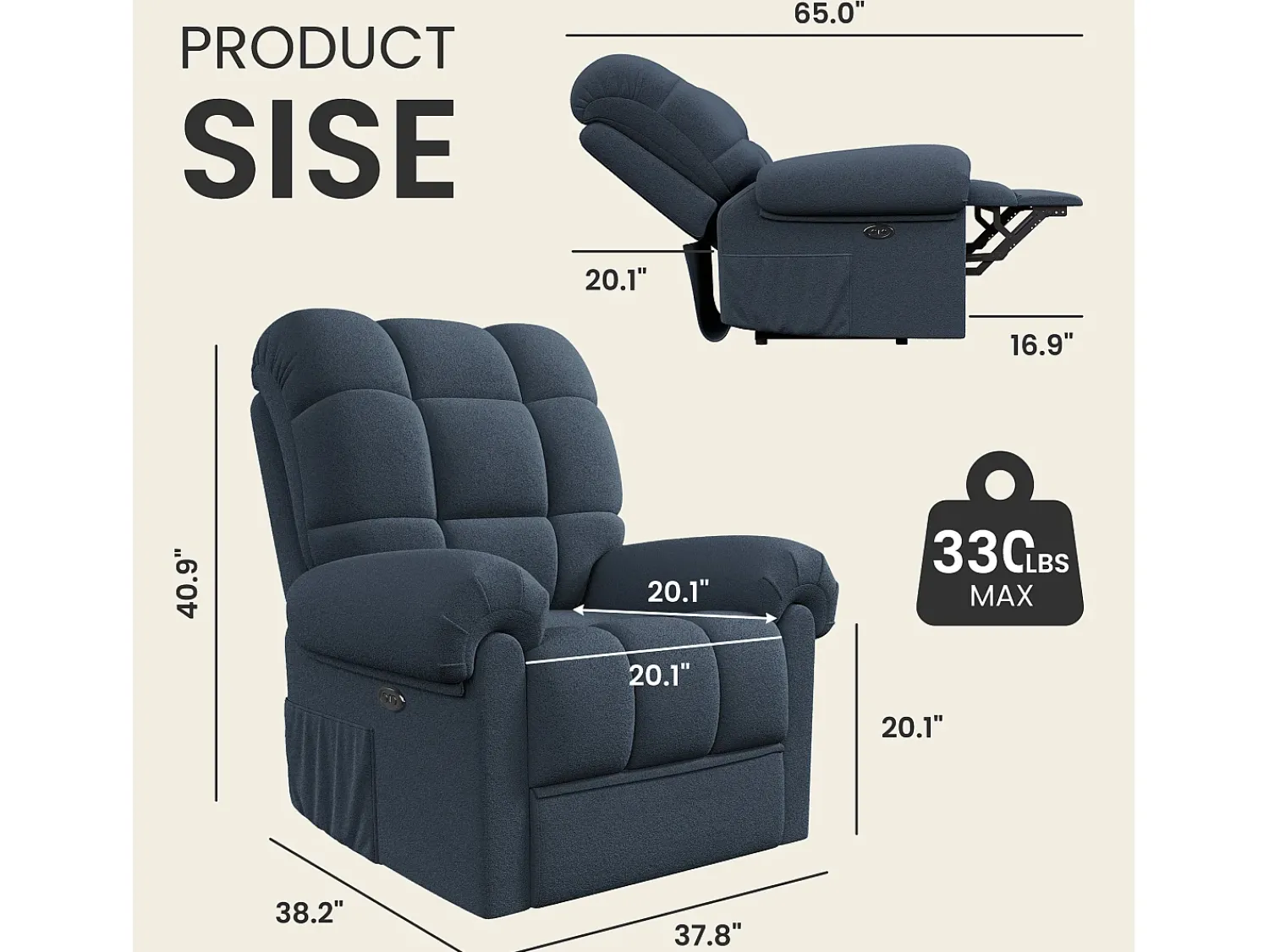 Poltrona|DripeX Poltrona de relaxamento elétrico com apoio de pé e USB, veludo de pelúcia, cadeira de lazer ajustável, anti-estática, 96x97x104cm, Azul
