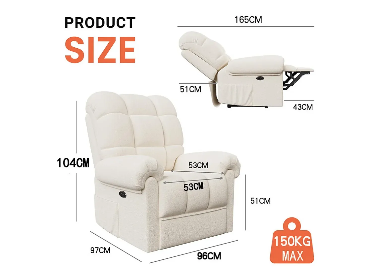Poltrona*DripeX Poltrona de relaxamento elétrico com apoio de pé e USB, veludo de pelúcia, cadeira de lazer ajustável, anti-estática, 96x97x104cm, Bege
