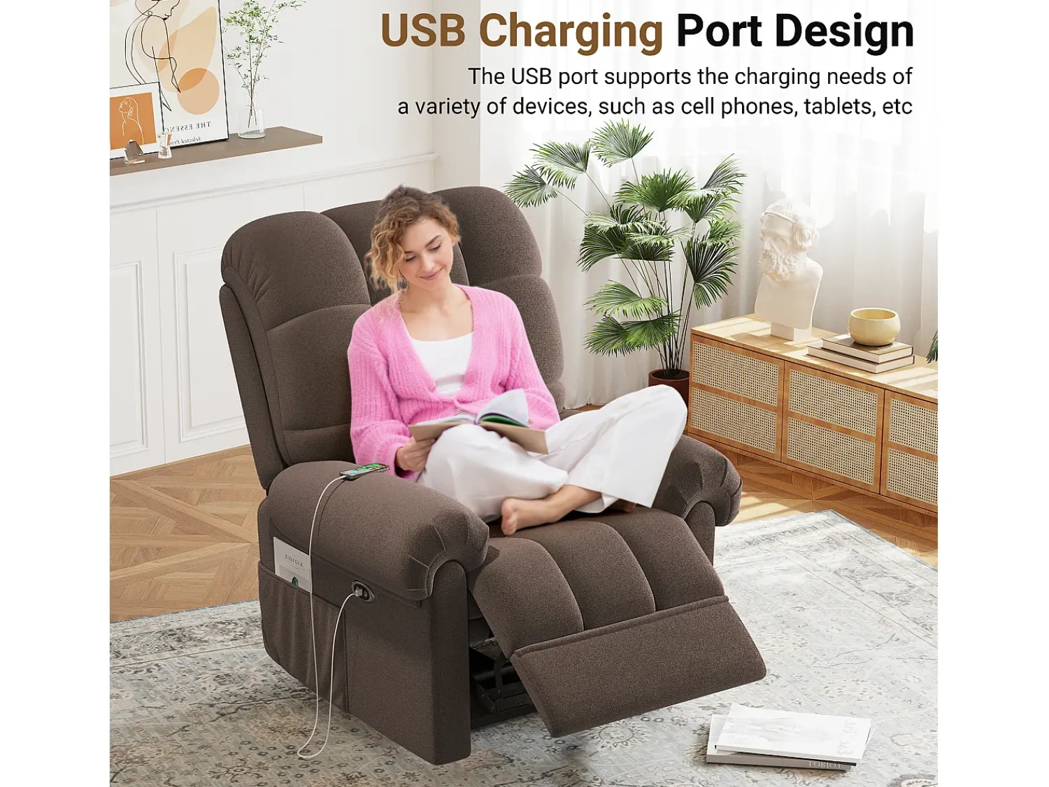 Poltrona*DripeX Poltrona de relaxamento elétrico com apoio de pé e USB, veludo de pelúcia, cadeira de lazer ajustável, anti-estática, 96x97x104cm, Brown Castanho