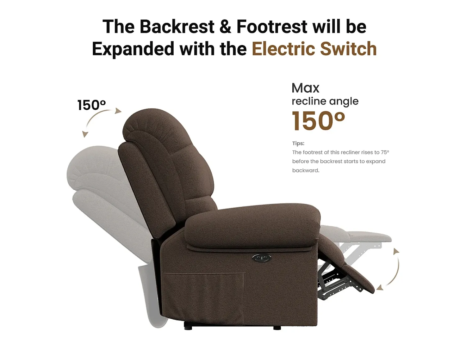 Poltrona*DripeX Poltrona de relaxamento elétrico com apoio de pé e USB, veludo de pelúcia, cadeira de lazer ajustável, anti-estática, 96x97x104cm, Brown Castanho