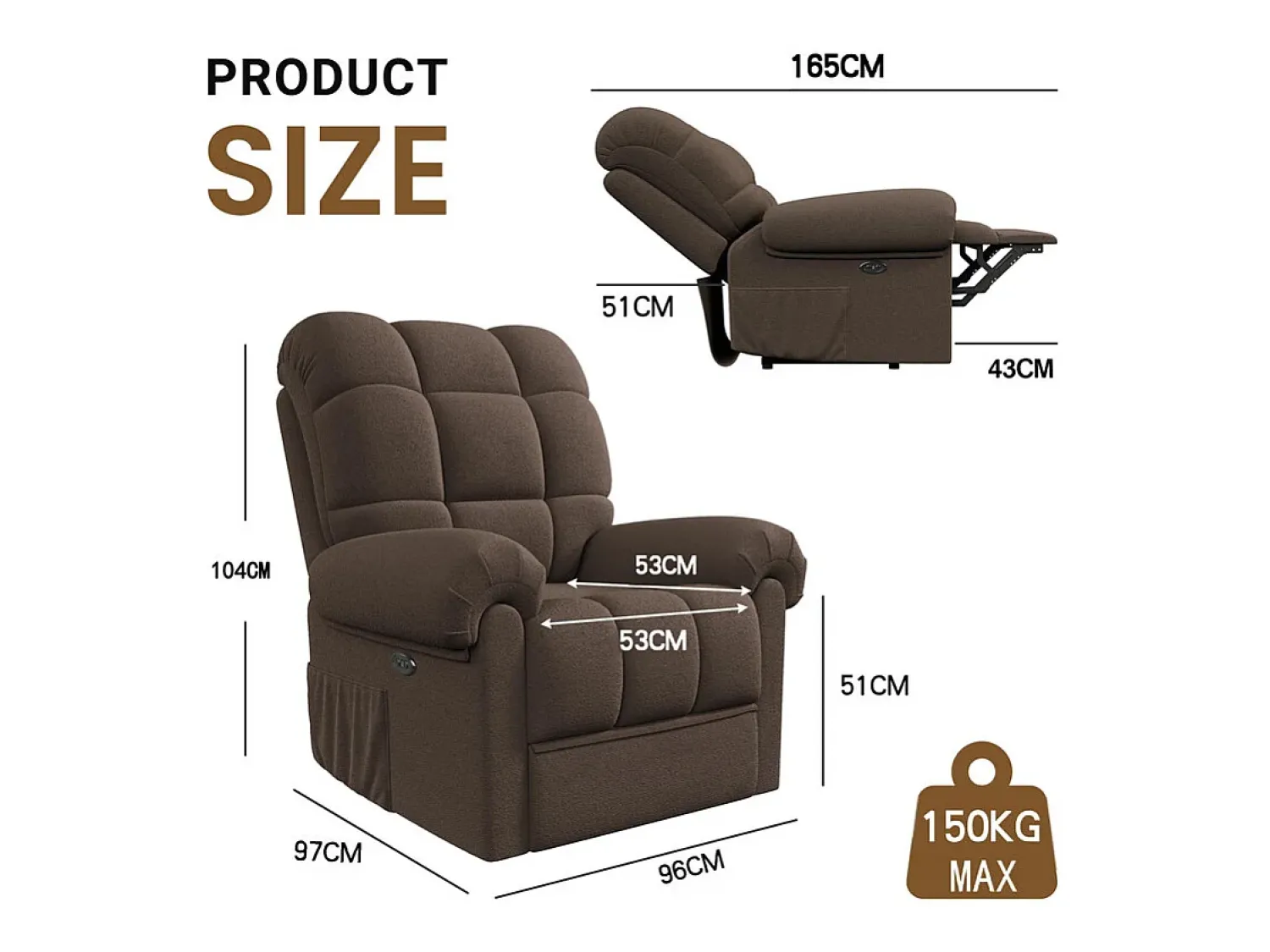 Poltrona*DripeX Poltrona de relaxamento elétrico com apoio de pé e USB, veludo de pelúcia, cadeira de lazer ajustável, anti-estática, 96x97x104cm, Brown Castanho