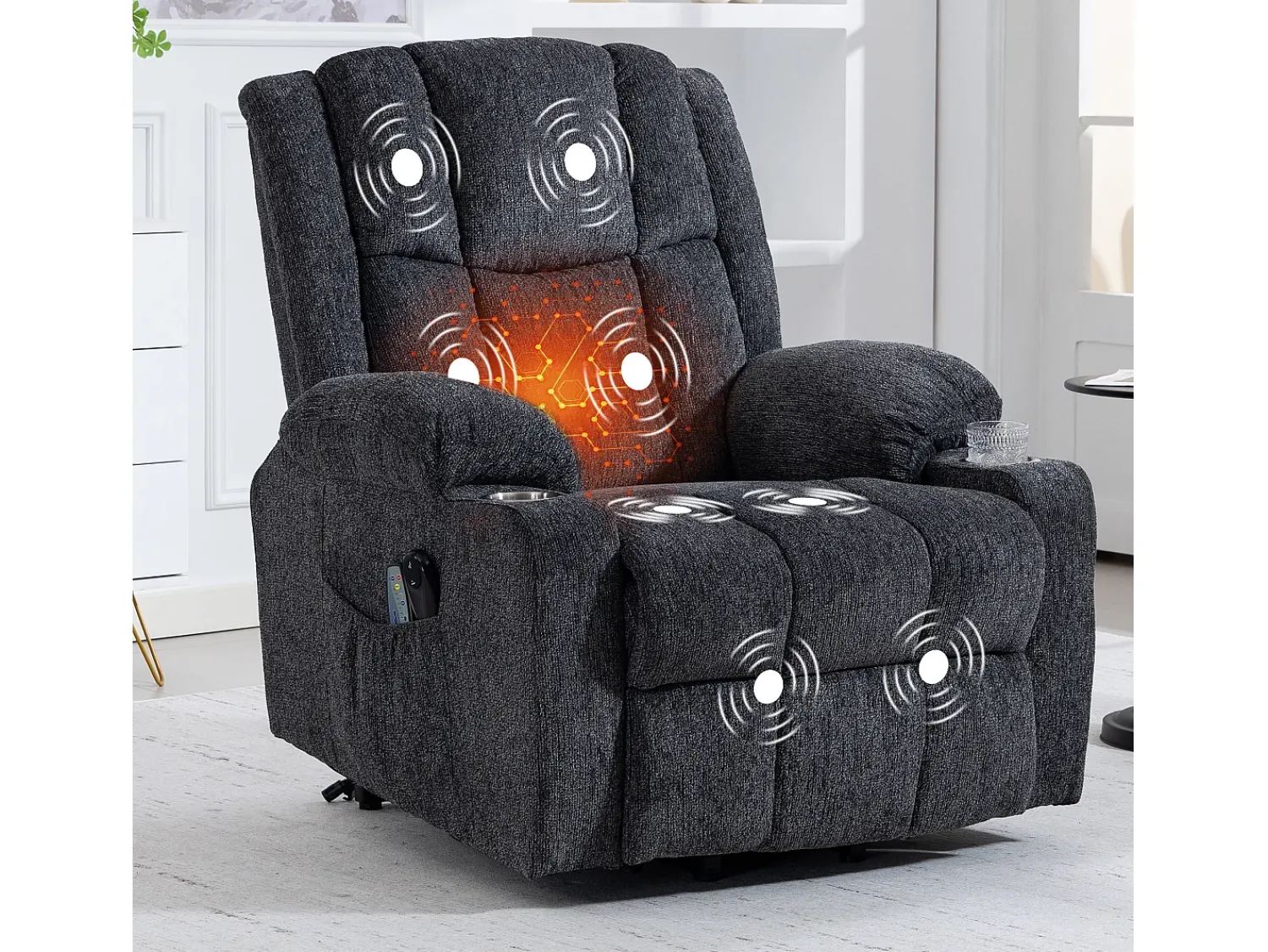 Poltrona*Hauss Spole Poltrona elétrica com massagem e aquecimento - Com apoio para os pés e 2 bolsos laterais - Tecido cinza escuro Cinzento