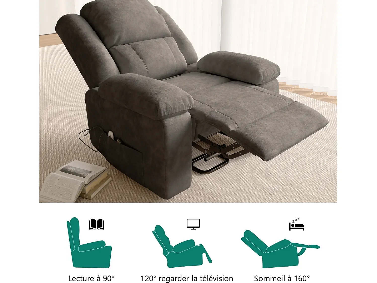 Poltrona elétrica de luxo para relaxamento e massagem, cinza^ Poltrona