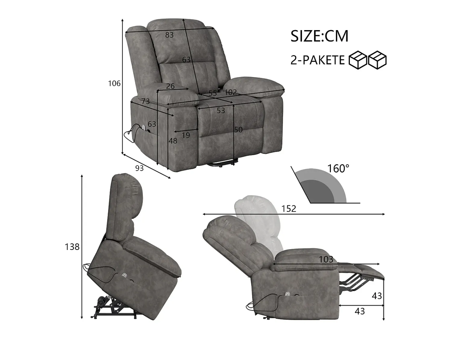 Poltrona elétrica de luxo para relaxamento e massagem, cinza^ Poltrona