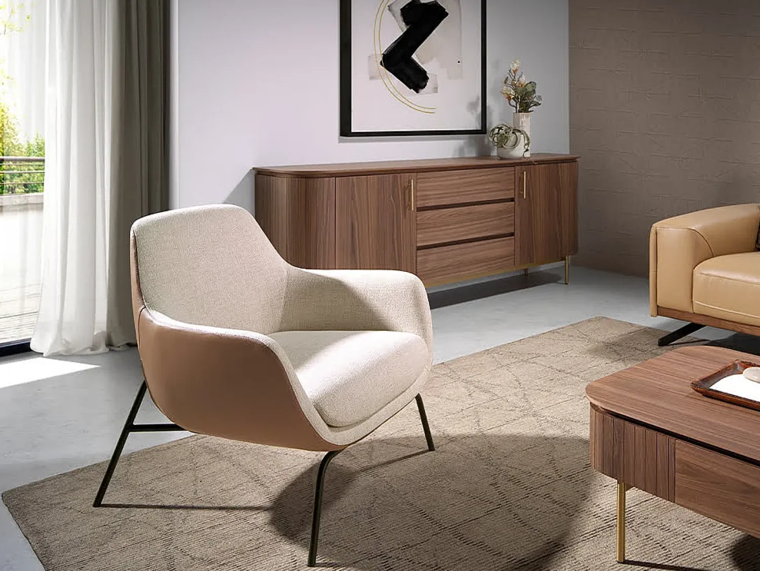 Sale Angel Cerda Poltrona em tecido creme e couro ecológico castanho 5099 Branco