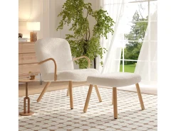 Outlet Poltrona escandinava, estofamento em imitação de caxemira com apoio para os pés, bege Branco