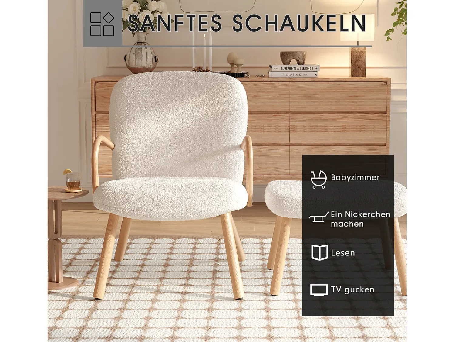 Outlet Poltrona escandinava, estofamento em imitação de caxemira com apoio para os pés, bege Branco