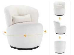 ModernLuxe Poltrona giratória - cadeira de relaxamento para sala - almofadada com pelúcia - com base giratória metálica + com almofada lombar -^ Poltrona
