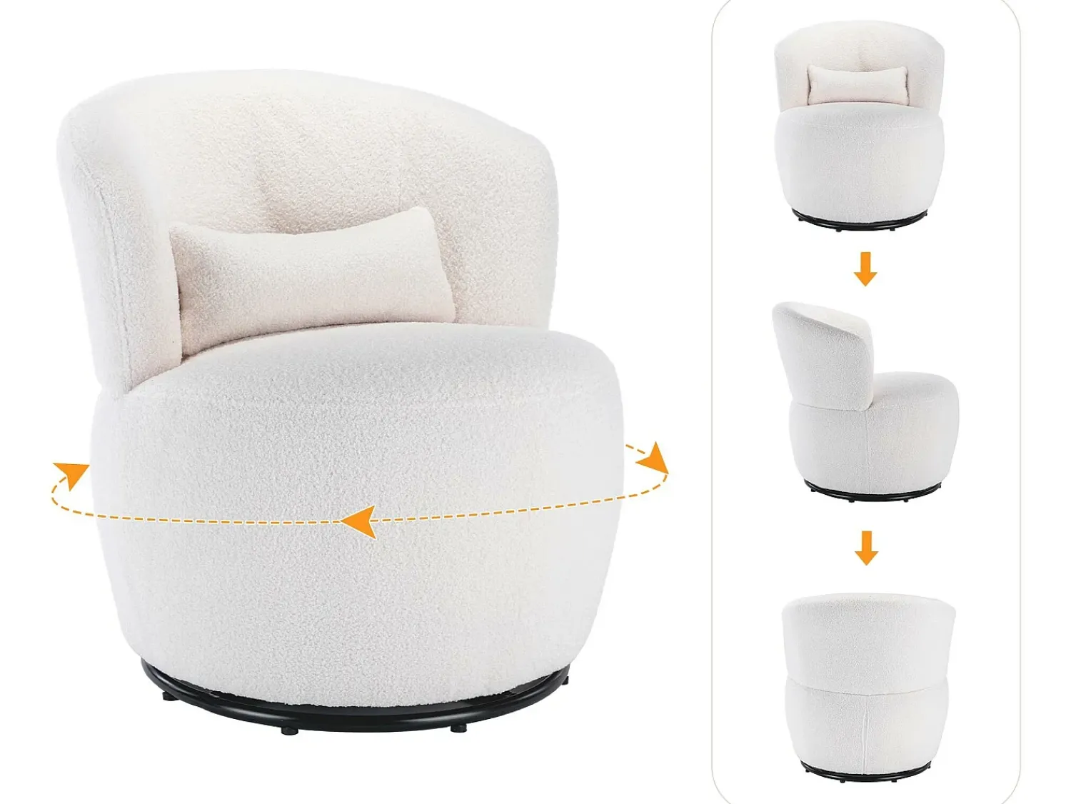ModernLuxe Poltrona giratória - cadeira de relaxamento para sala - almofadada com pelúcia - com base giratória metálica + com almofada lombar -^ Poltrona