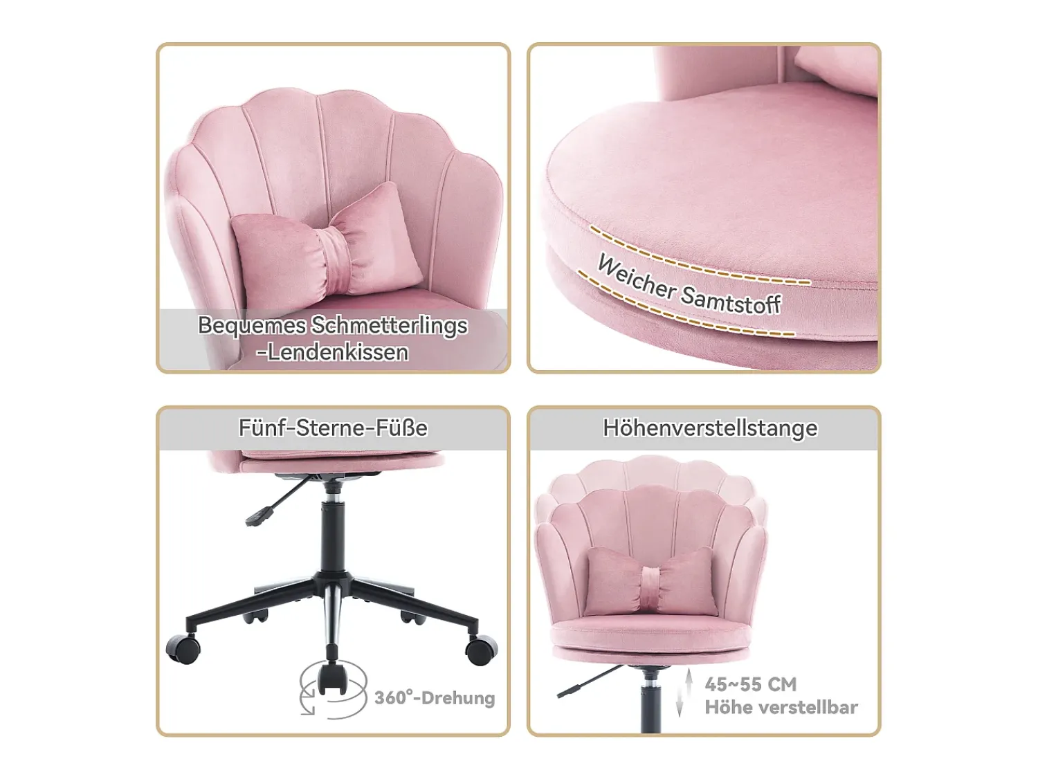 Merax Poltrona giratória com altura regulável - Encosto em forma de pétala - 55 x 42 x 73-83 cm - Veludo -^ Poltrona