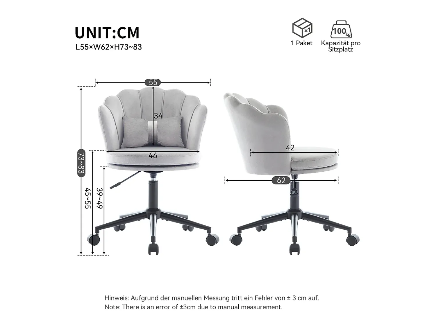 Poltrona*Merax Poltrona giratória com altura regulável - Encosto em forma de pétala - 55 x 42 x 73-83 cm - Veludo - Cinza Cinzento
