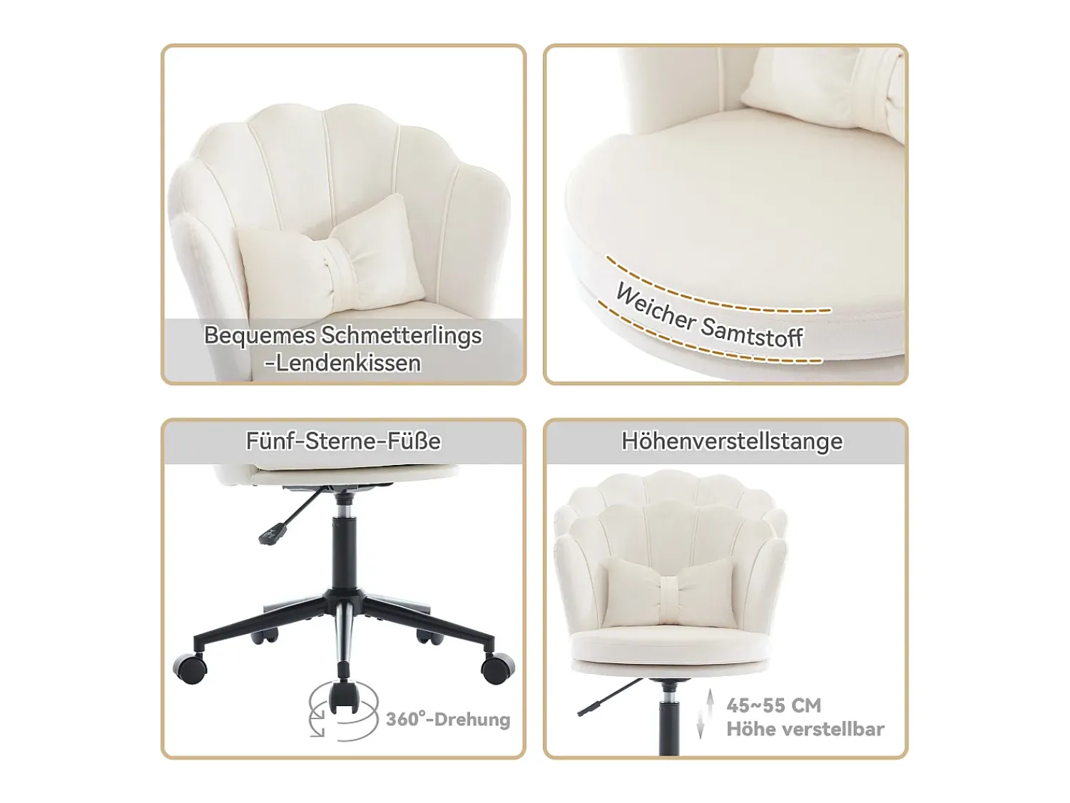 Merax Poltrona giratória com altura regulável - Encosto em forma de pétala - 55 x 42 x 73-83 cm - Veludo -^ Poltrona