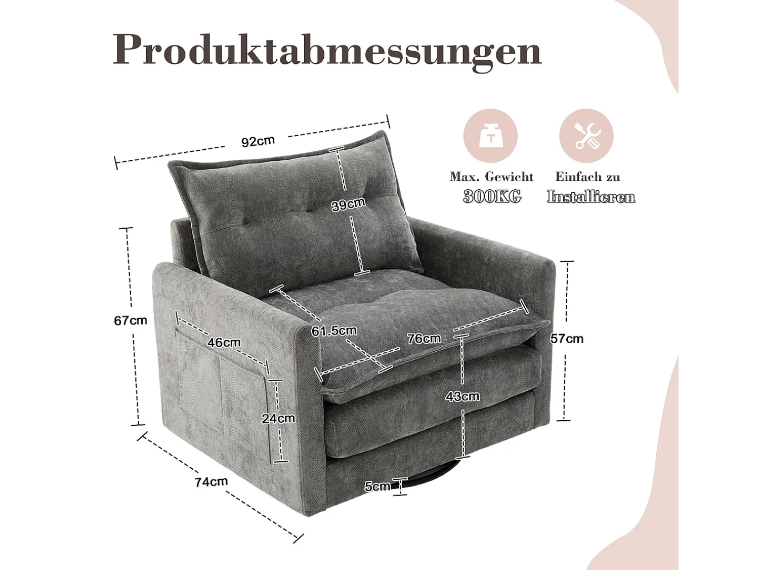 Poltrona|Hauss Spole Poltrona giratória com bolso lateral - Tecido chenille - Cinza Cinzento