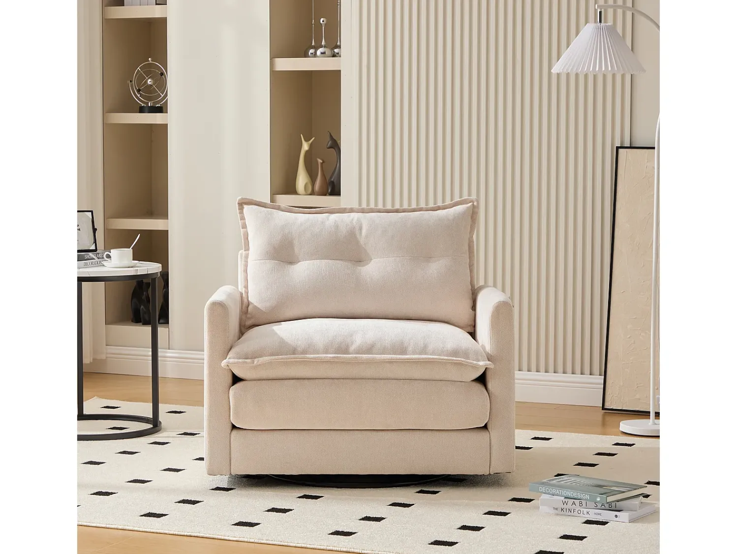 Poltrona*Hauss Spole Poltrona giratória com bolso lateral - Tecido chenille - Bege
