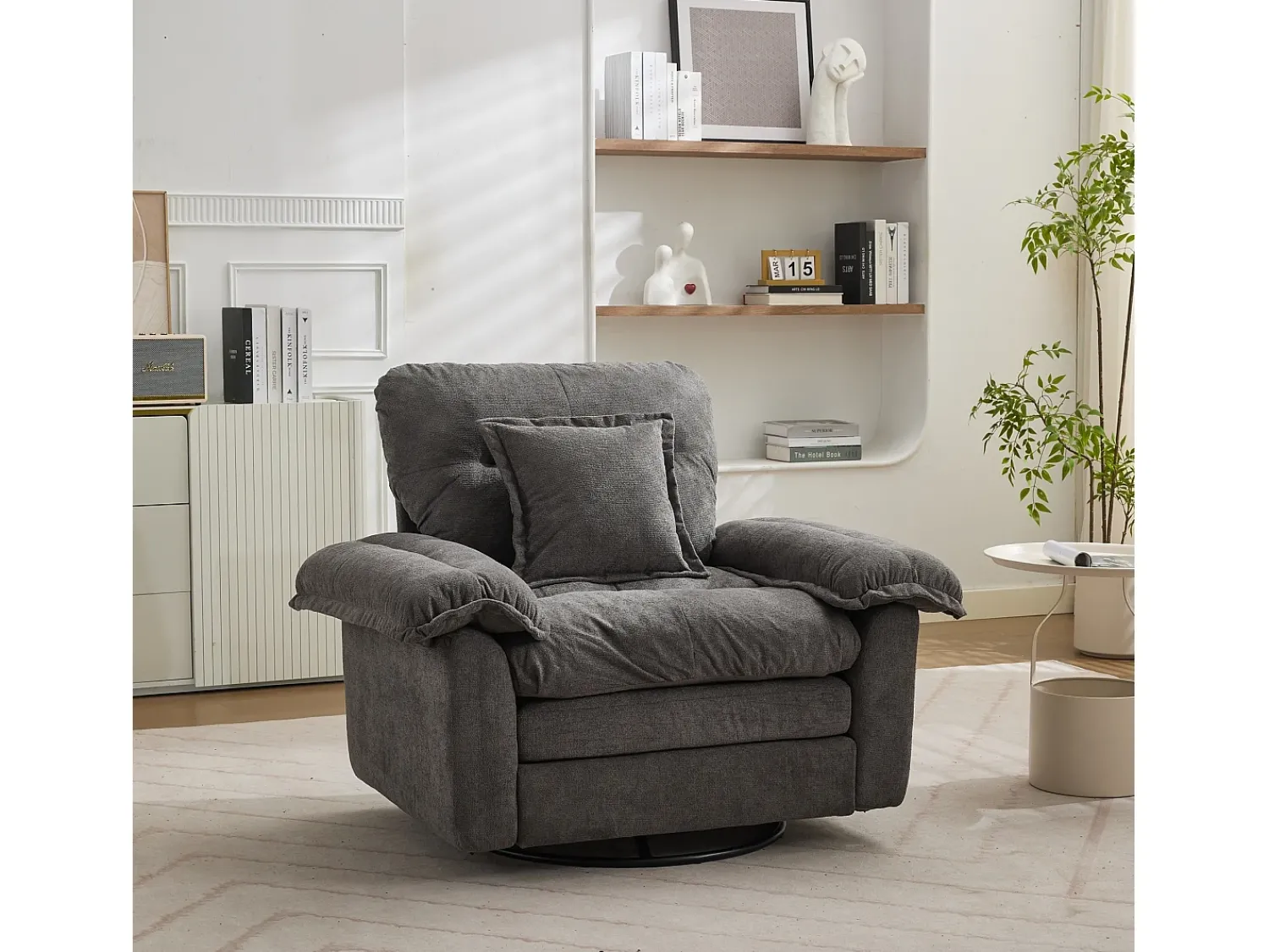 Hauss Spole Poltrona giratória em tecido chenille cinza com almofada - Ideal para sala de estar, quarto e escritório. Cinzento