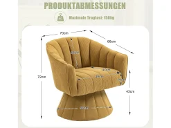 Poltrona|Merax Poltrona giratória moderna 360° - 70 x 66 x 72 cm - com assento e encosto ergonômicos + apoios de braço - veludo - Amarela Amarelo