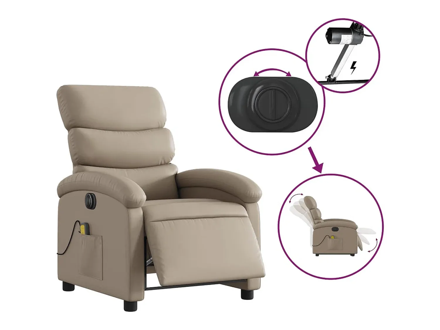 Poltrona massagens reclinável elétrica couro artif. cappuccino SHL371798^ Poltrona