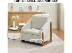 Poltrona| Poltrona moderna em chenille com apoios de braço em madeira, 73,5 x 73,5 x 73,5 cm Bege