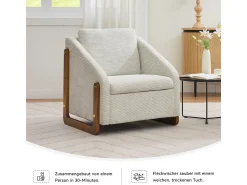 Poltrona| Poltrona moderna em chenille com apoios de braço em madeira, 73,5 x 73,5 x 73,5 cm Bege