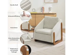 Poltrona| Poltrona moderna em chenille com apoios de braço em madeira, 73,5 x 73,5 x 73,5 cm Bege