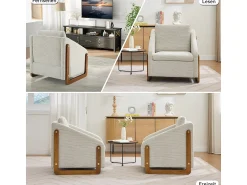 Poltrona| Poltrona moderna em chenille com apoios de braço em madeira, 73,5 x 73,5 x 73,5 cm Bege