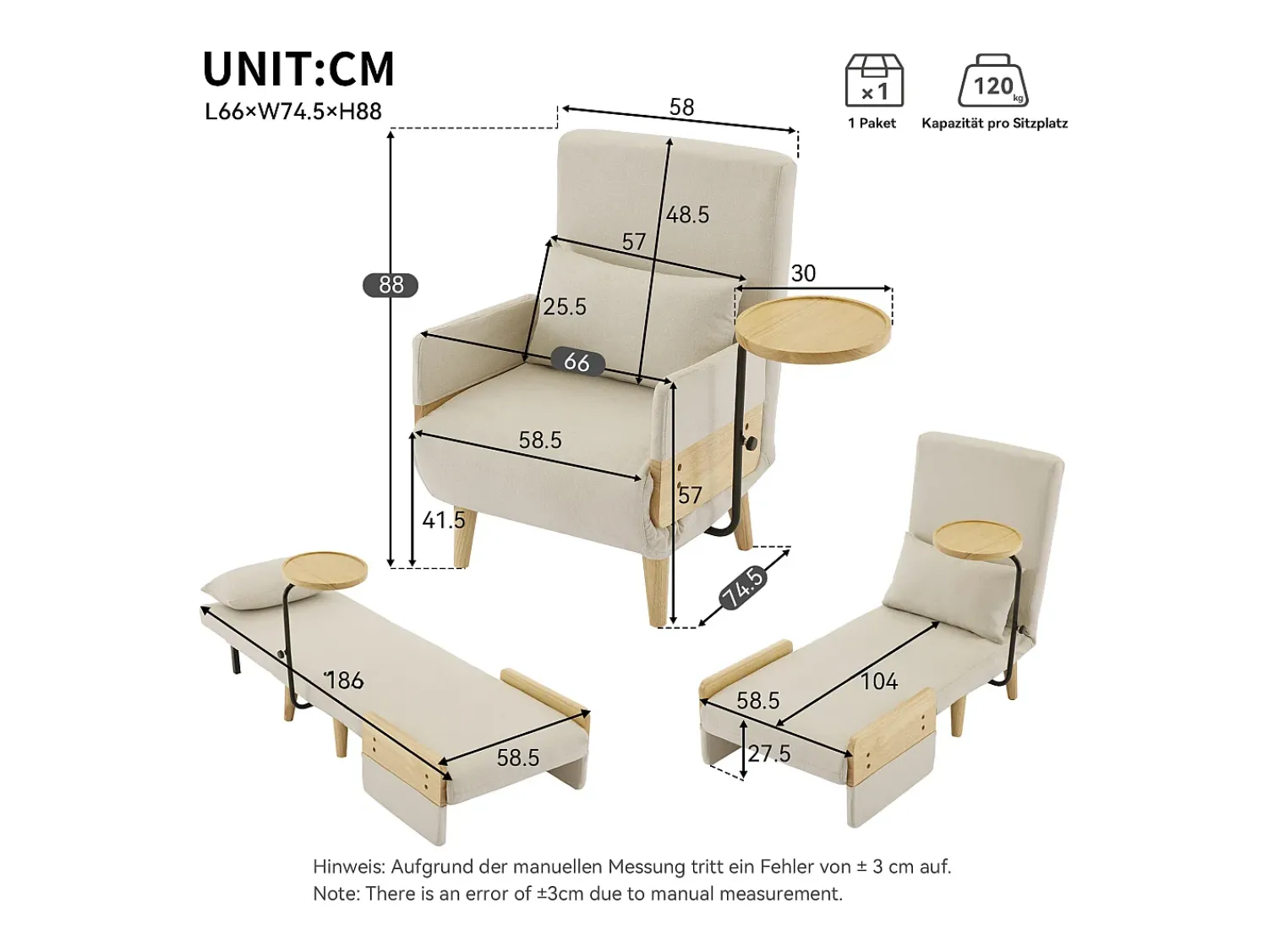 Poltrona|ModernLuxe Poltrona moderna 62x67x88 cm - Poltrona conversível 3 em 1 - Com função de cama - Poltrona dobrável estofada - Bege