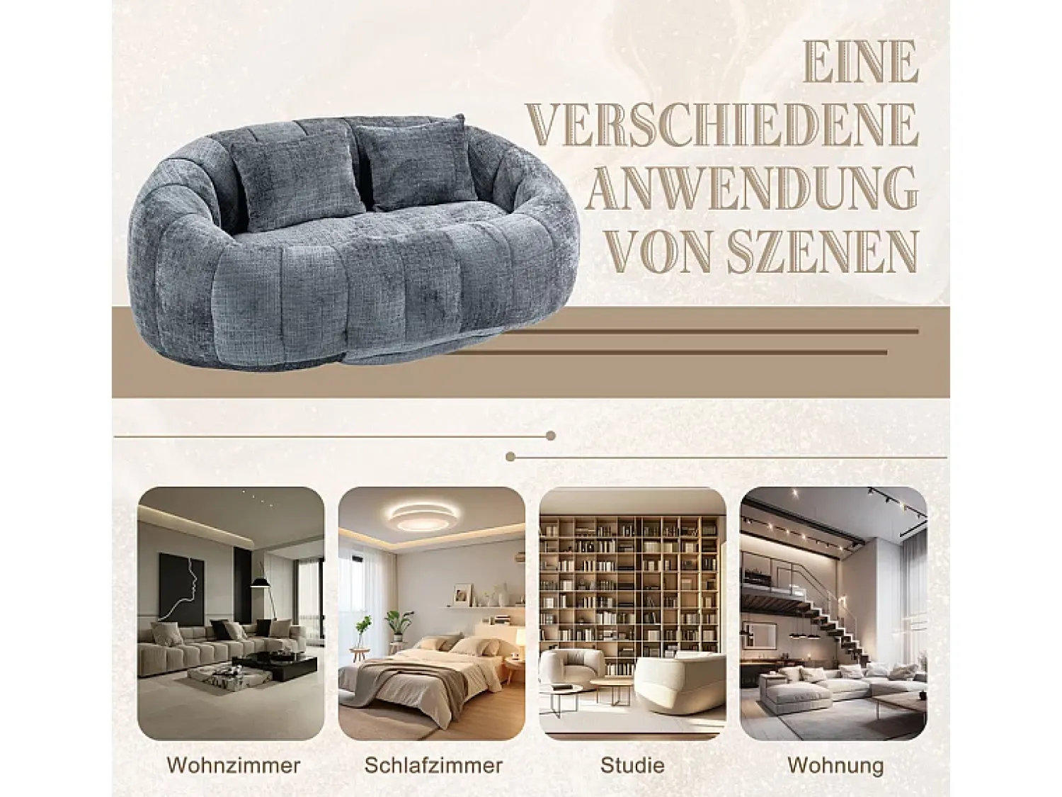Online DripeX Poltrona Preguiçosa de Chenille - 2 Lugares - com 2 Almofadas - 62cm Profundidade do Assento - Carga Máx. 250kg - Cinza Cinzento