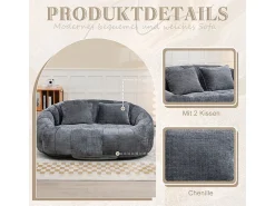Online DripeX Poltrona Preguiçosa de Chenille - 2 Lugares - com 2 Almofadas - 62cm Profundidade do Assento - Carga Máx. 250kg - Cinza Cinzento