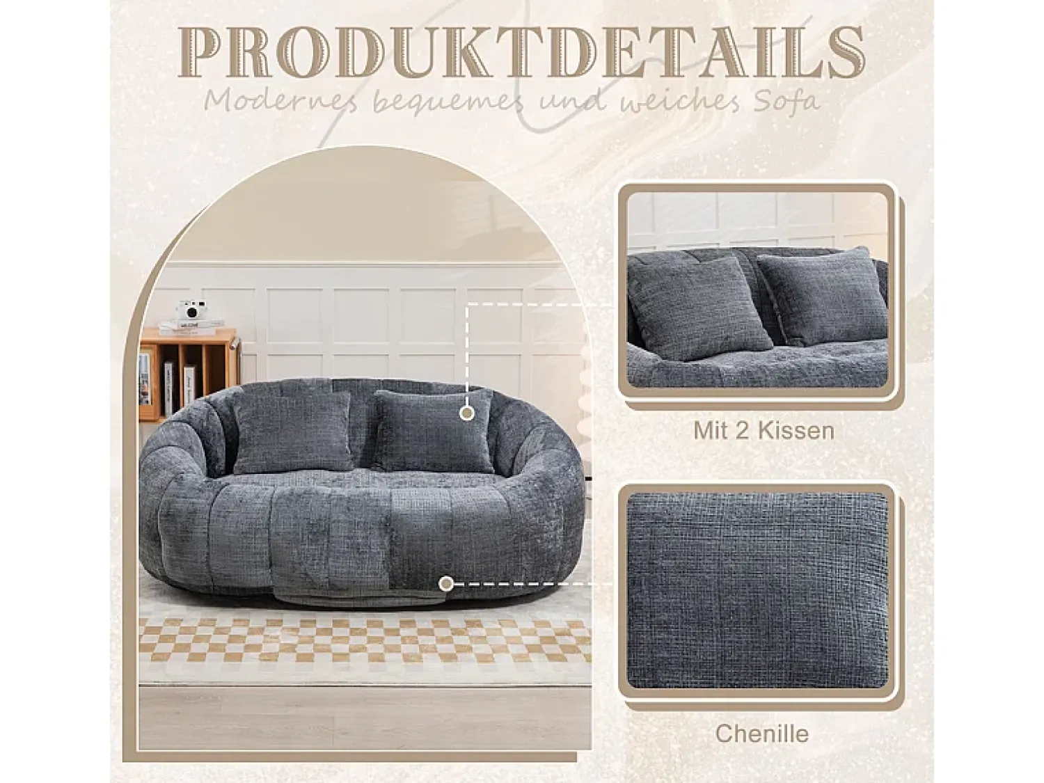 Online DripeX Poltrona Preguiçosa de Chenille - 2 Lugares - com 2 Almofadas - 62cm Profundidade do Assento - Carga Máx. 250kg - Cinza Cinzento