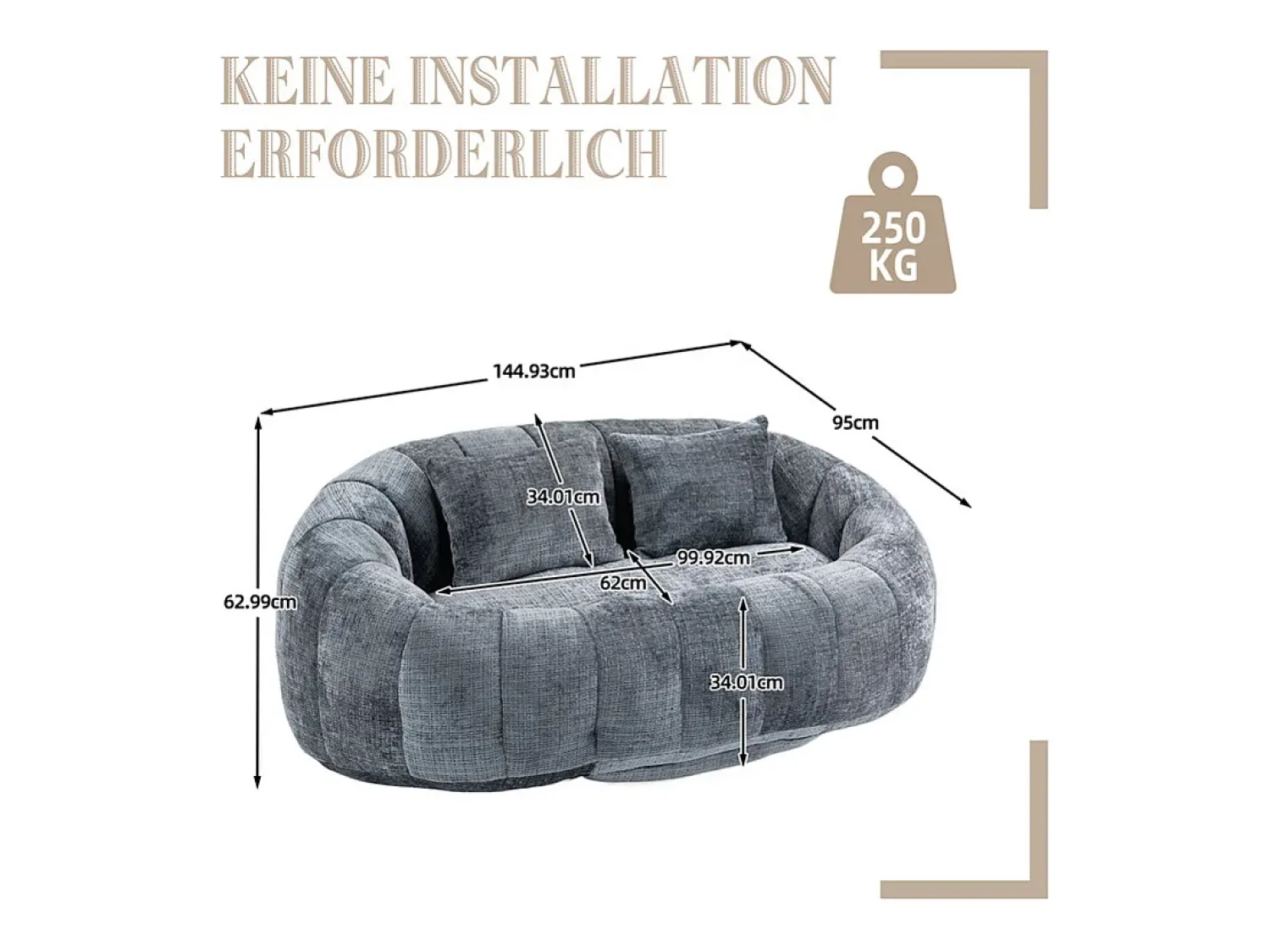 Online DripeX Poltrona Preguiçosa de Chenille - 2 Lugares - com 2 Almofadas - 62cm Profundidade do Assento - Carga Máx. 250kg - Cinza Cinzento