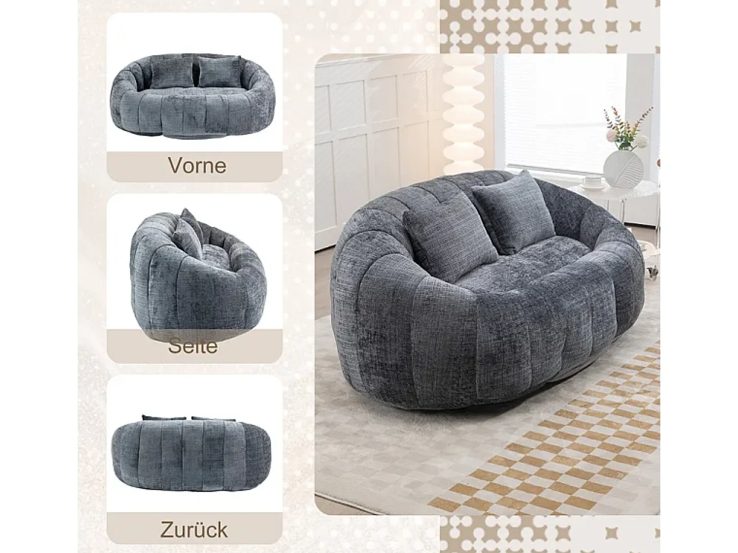 Online DripeX Poltrona Preguiçosa de Chenille - 2 Lugares - com 2 Almofadas - 62cm Profundidade do Assento - Carga Máx. 250kg - Cinza Cinzento