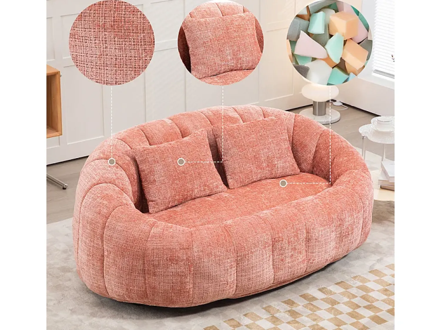 Sofá|DripeX Poltrona Preguiçosa de Chenille - 2 Lugares - com 2 Almofadas - 62cm Profundidade do Assento - Carga Máx. 250kg - Rosa
