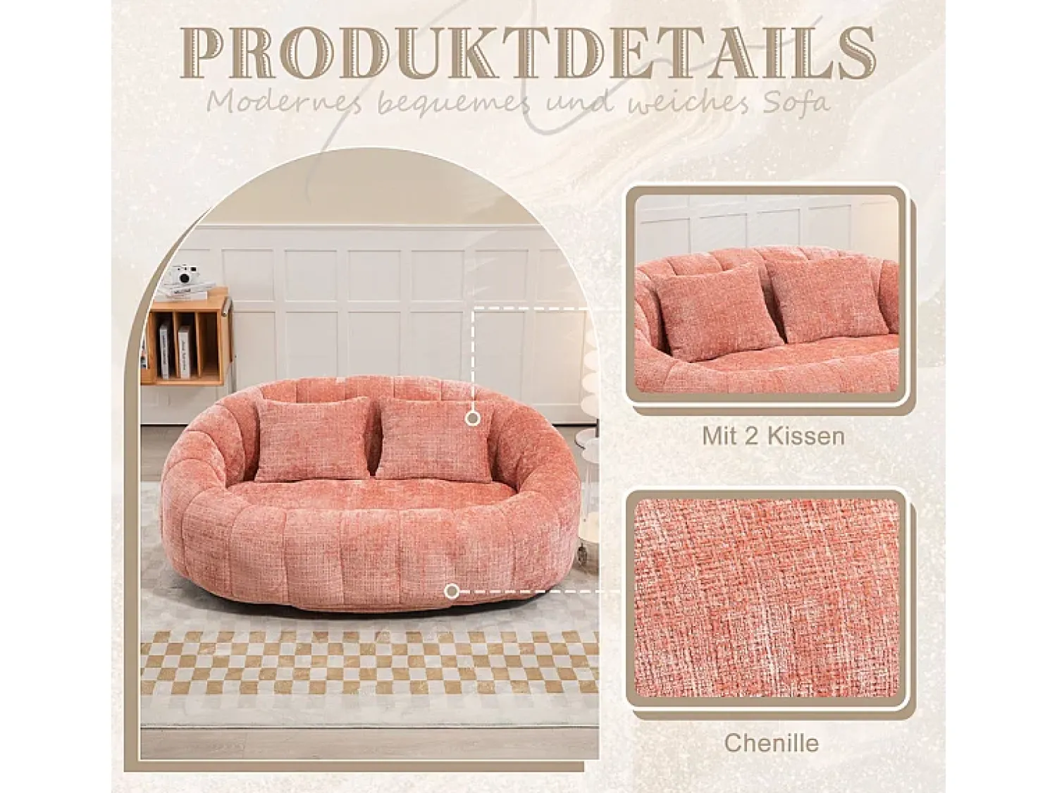 Sofá|DripeX Poltrona Preguiçosa de Chenille - 2 Lugares - com 2 Almofadas - 62cm Profundidade do Assento - Carga Máx. 250kg - Rosa