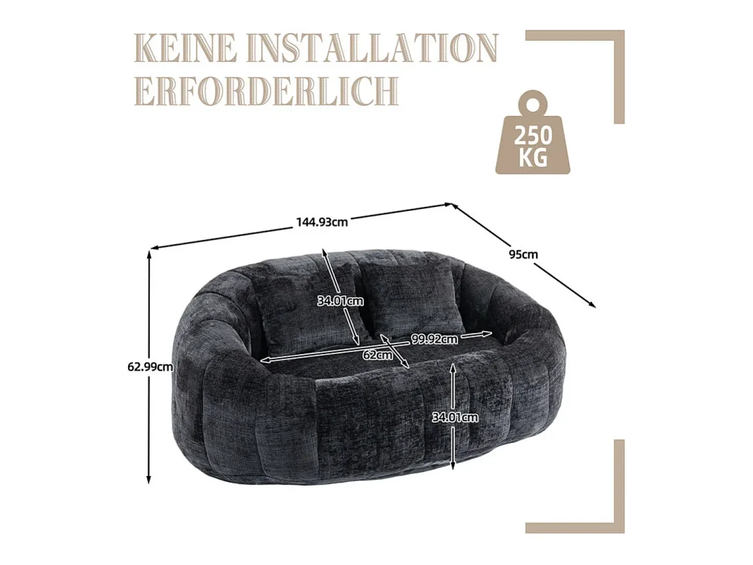 DripeX Poltrona Preguiçosa de Chenille - 2 Lugares - com 2 Almofadas - 62cm Profundidade do Assento - Carga Máx. 250kg -^ Sofá