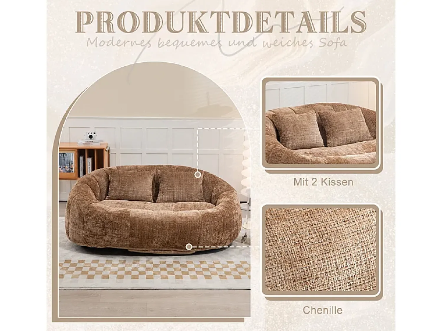 Sofá*DripeX Poltrona Preguiçosa de Chenille - 2 Lugares - com 2 Almofadas - 62cm Profundidade do Assento - Carga Máx. 250kg - Marrom Castanho