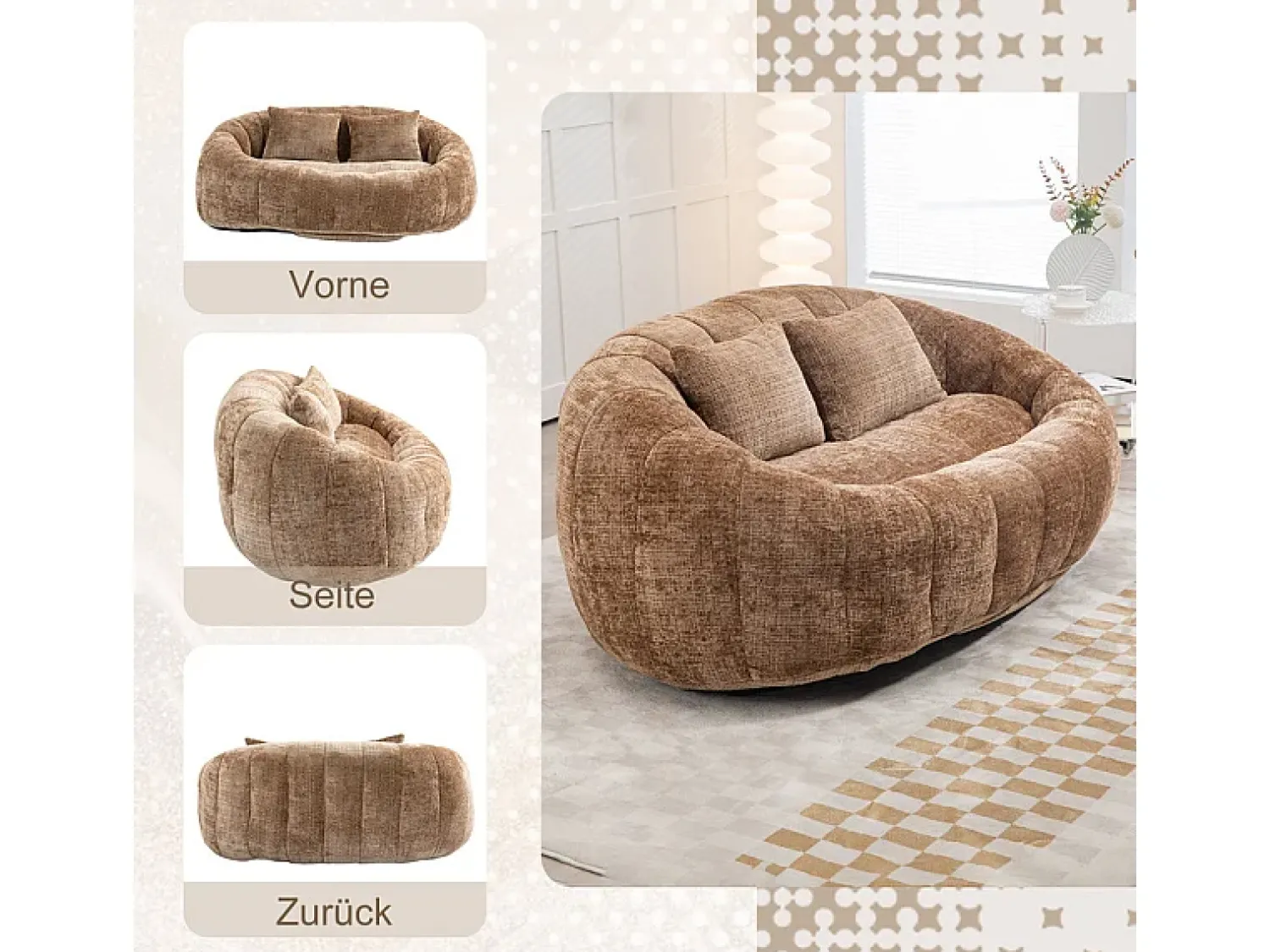 Sofá*DripeX Poltrona Preguiçosa de Chenille - 2 Lugares - com 2 Almofadas - 62cm Profundidade do Assento - Carga Máx. 250kg - Marrom Castanho