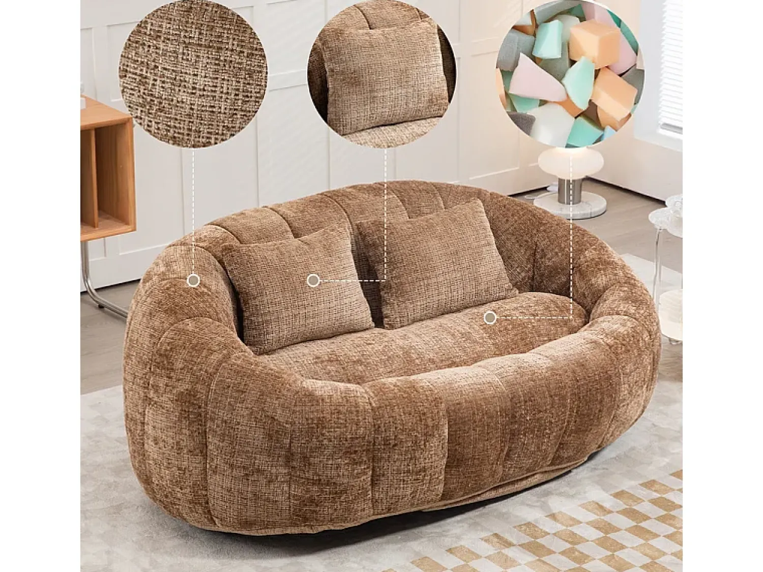 Sofá*DripeX Poltrona Preguiçosa de Chenille - 2 Lugares - com 2 Almofadas - 62cm Profundidade do Assento - Carga Máx. 250kg - Marrom Castanho