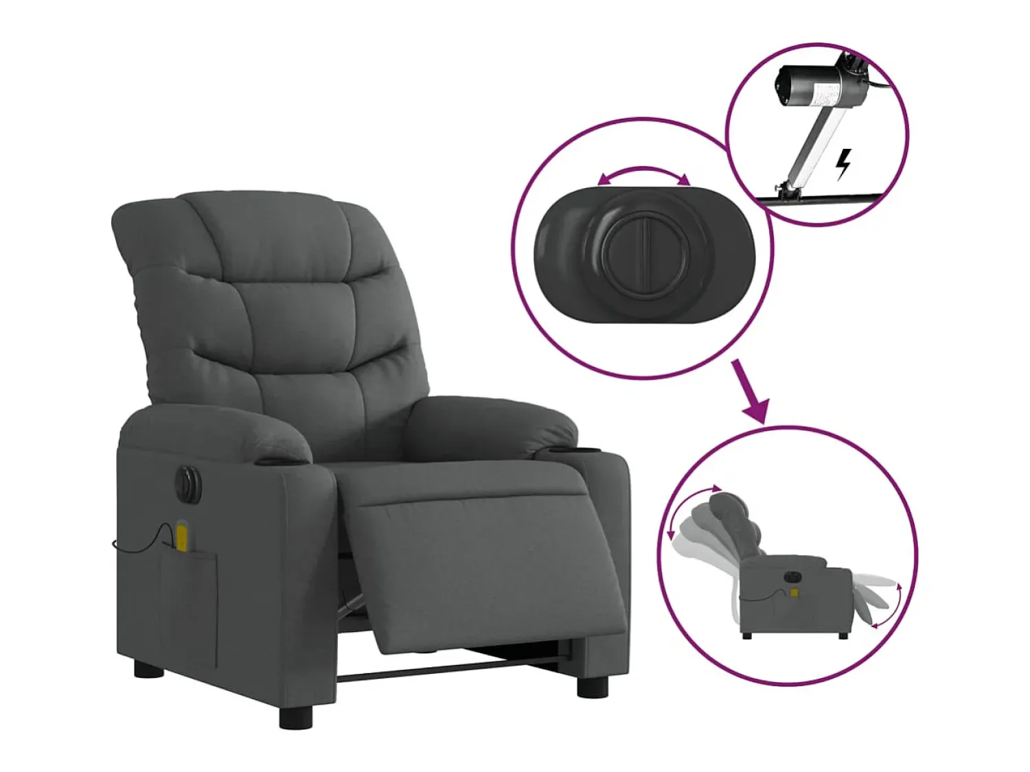 New Poltrona reclinável de massagens elétrica tecido cinza-escuro SHL991235 Cinza antracite