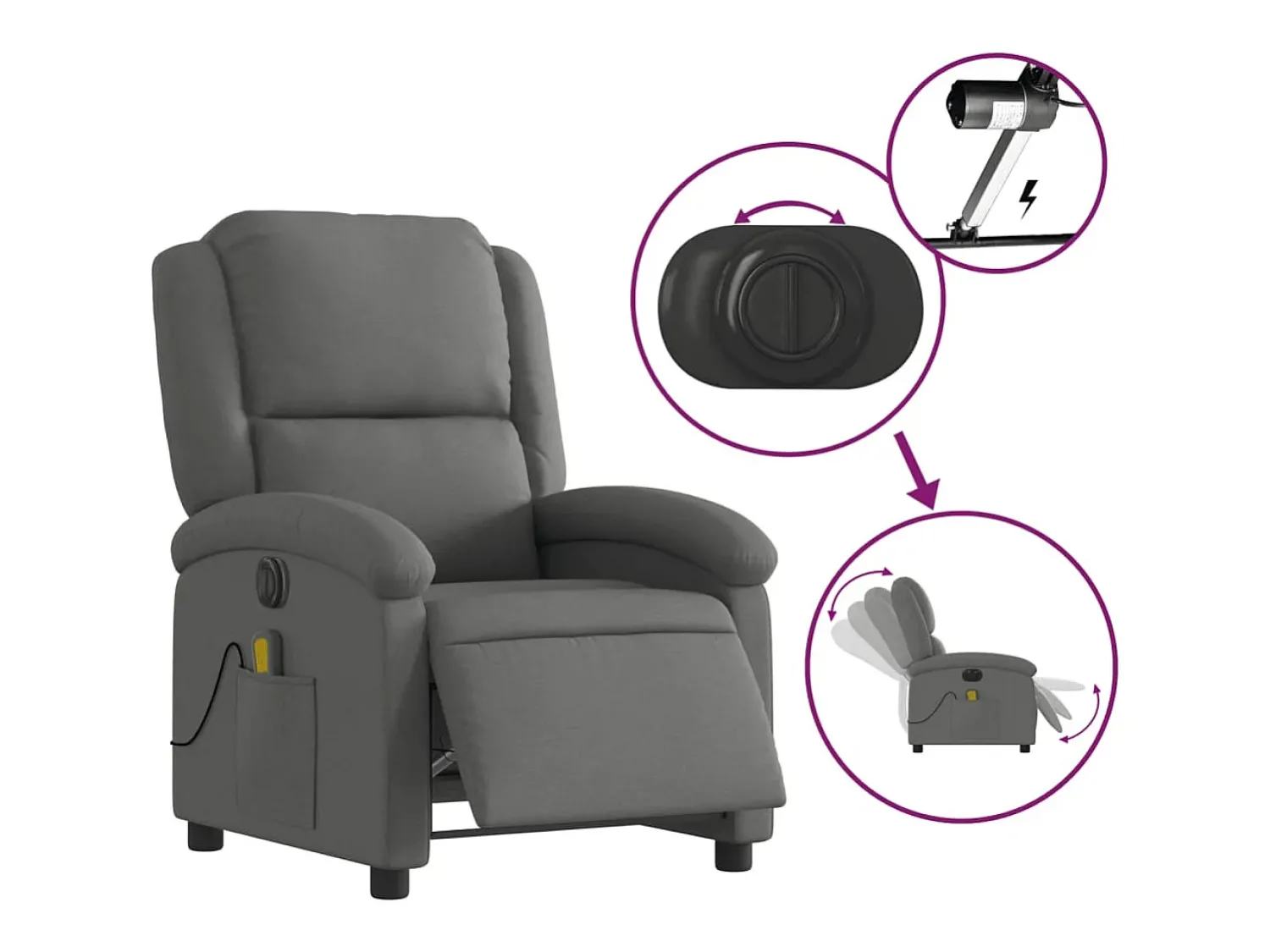 Outlet Poltrona reclinável de massagens elétrica tecido cinza-escuro SHL121715 Cinza antracite