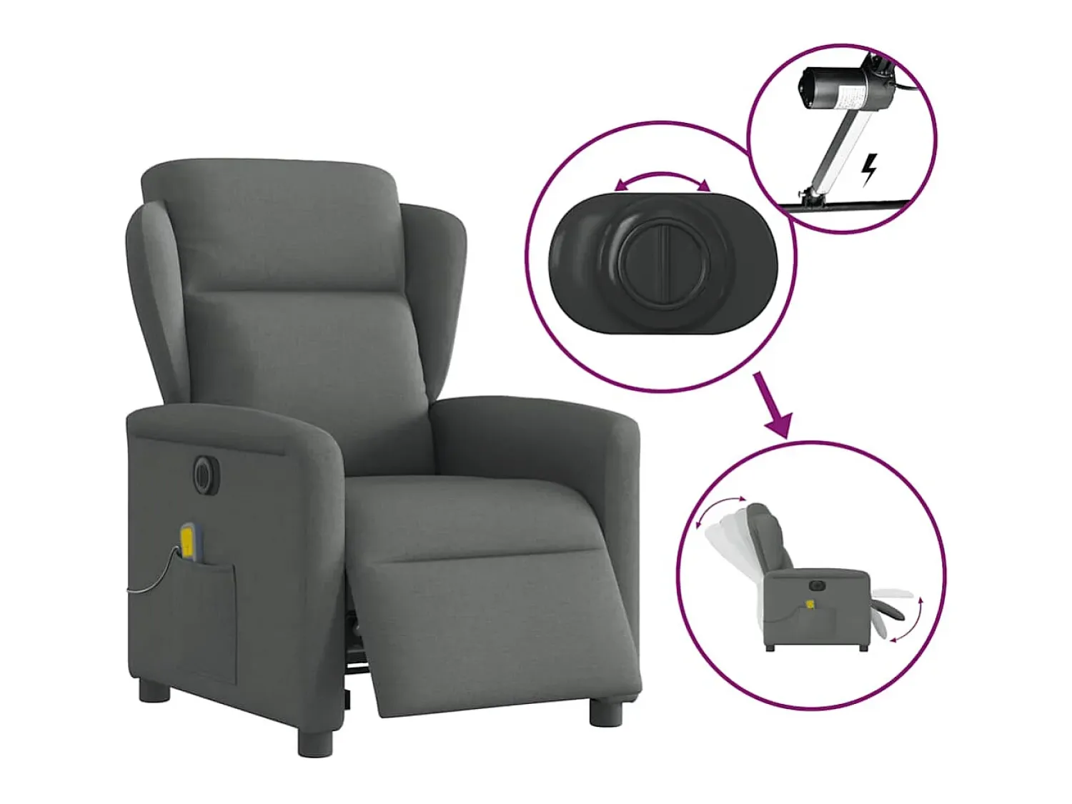 vidaxl Poltrona reclinável de massagens elétrica tecido cinza-escuro^ Poltrona