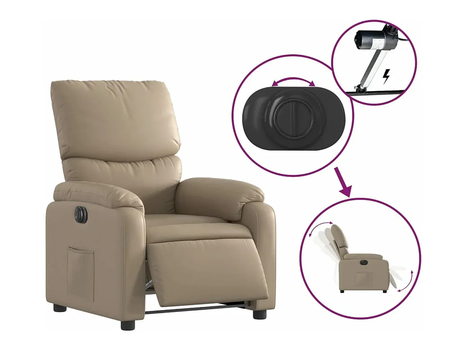 Poltrona reclinável elétrica couro artificial cor cappuccino PT958305 Castanho