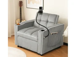 ModernLuxe Poltrona retrátil em veludo - com suporte para copos + suporte para telemóvel - Cinza claro^ Poltrona