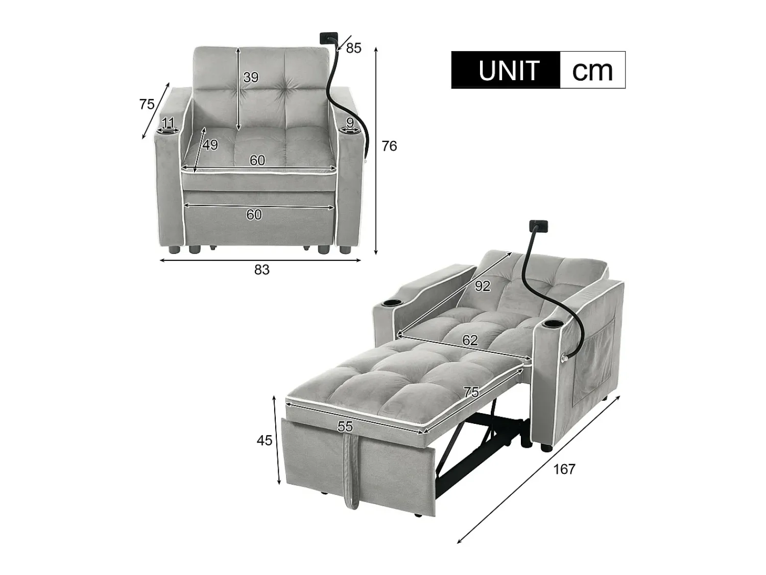 ModernLuxe Poltrona retrátil em veludo - com suporte para copos + suporte para telemóvel - Cinza claro^ Poltrona