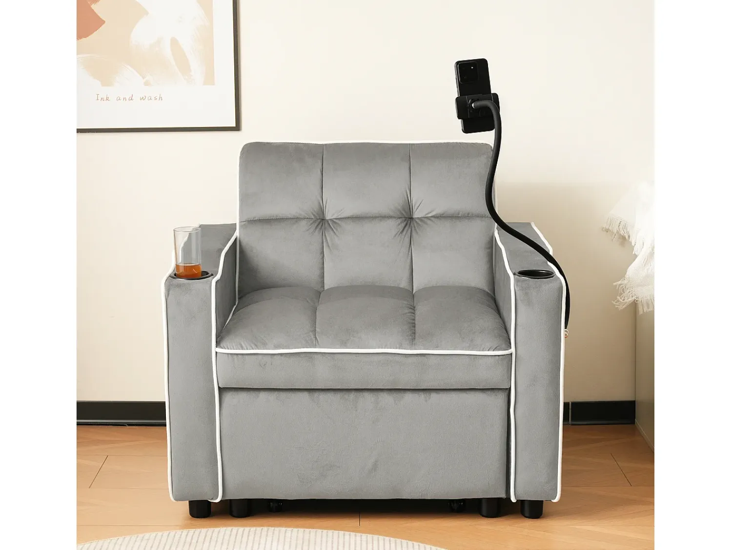 ModernLuxe Poltrona retrátil em veludo - com suporte para copos + suporte para telemóvel - Cinza claro^ Poltrona