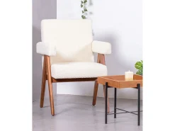 Hot Nest Dream Poltrona rústica com braços em madeira teca e tecido bouclé - Compass - Branco
