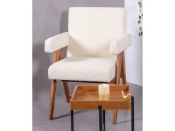 Hot Nest Dream Poltrona rústica com braços em madeira teca e tecido bouclé - Compass - Branco