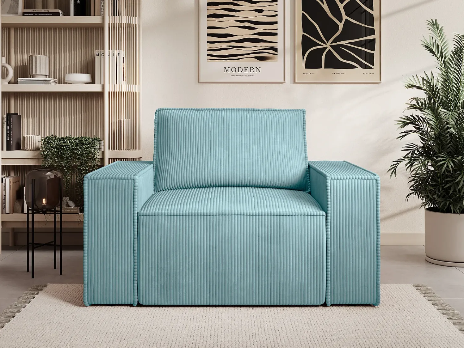 Best Vente-unique Poltrona veludo canelado azul-turquesa estilo design AMELIA Azul turquesa